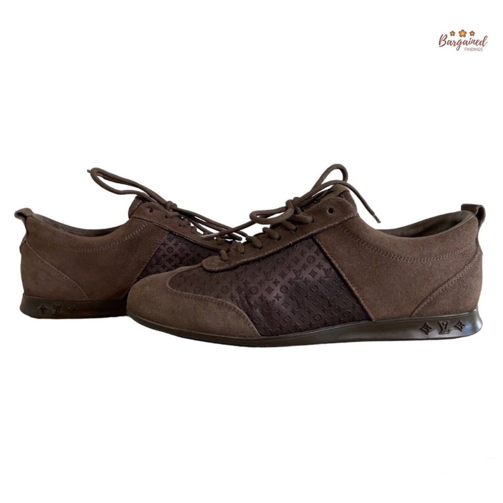 Authentic Louis Vuitton Brown Suede Monogram Satin Low Top Sneakers Size 36.5